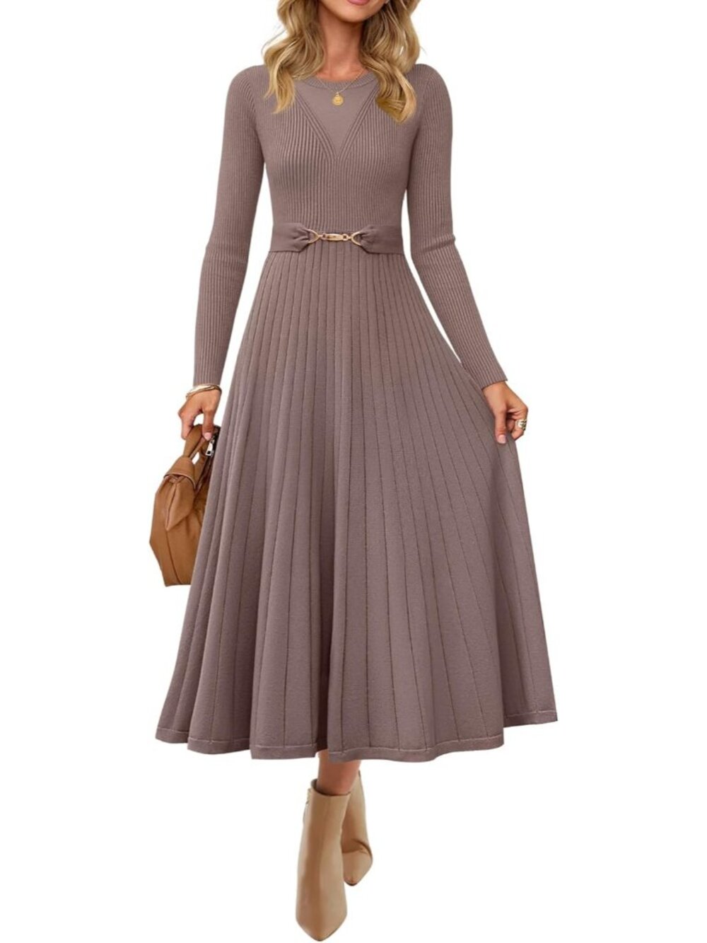 🆕Women's Khaki Long Sleeve Crew Neck High Waist A line Midi Sweater Dress